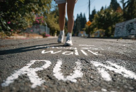 A person runs on a road surface marked with the words "run" and "walk" in white lettering. The close-up shot focuses on the legs and feet, suggesting movement. The scene is illuminated by sunlight, hinting at an outdoor setting. This image may be suitable for illustrating themes of exercise, fitness, and healthy living.の素材