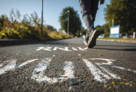 A person walks along a paved road marked with white paint. The image features a low-angle perspective, showing the road's texture and markings. Green vegetation lines the side, suggesting an outdoor environment. This visual could be used in various commercial applications.の素材