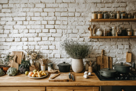 A kitchen scene showcasing a wooden countertop filled with various kitchenware and fresh produce. The backdrop features a white brick wall and wooden shelves with jars. The image conveys a warm and inviting atmosphere. Suitable for use in lifestyle or culinary-themed editorial content or commercial applications.の素材