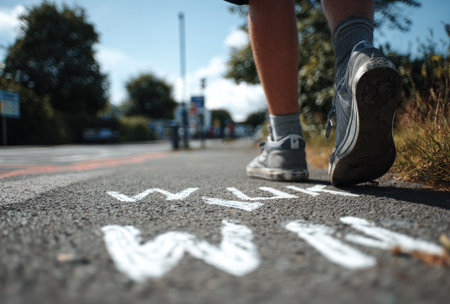 A close-up view presents a person's legs and feet as they walk on pavement marked with white paint. The perspective is from ground level. The image exhibits a daytime setting with soft lighting. This could be useful for projects related to movement and outdoor themes.の素材