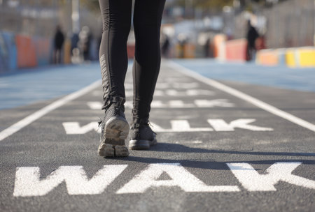 A person walks on a path with painted white letters spelling "WALK". The scene displays an athletic environment with linear perspective. The clothing is dark, and the pavement shows moderate wear. The image could be used for various projects related to fitness, activity, or lifestyle.の素材