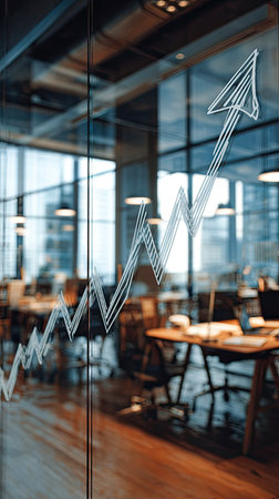 An upward-pointing arrow graphic overlays glass, hinting at growth within a modern office setting. The composition features blurred elements of desks, chairs, and lighting. The image exhibits a daytime environment with diffused lighting, suitable for various business or financial applications, or editorial content.の素材