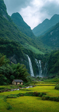 A picturesque landscape showcases a waterfall plunging down steep mountains into a valley of green vegetation. The scene features a small structure near cultivated fields, complemented by dense foliage and textured rock formations under a cloudy sky. Suitable for use in various commercial and editorial contexts.の素材