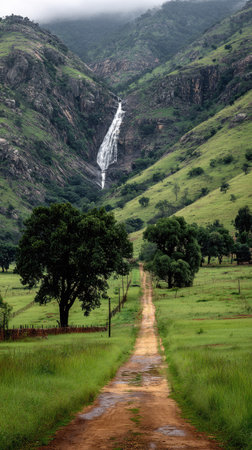 A majestic waterfall plunges down a steep mountain, surrounded by lush green slopes and verdant trees. A dirt road leads towards the waterfall, creating a sense of depth in this scenic vista. The image features natural lighting and could be suitable for various editorial or commercial applications.の素材