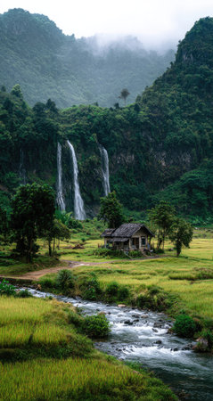A picturesque landscape showcases a waterfall flowing through a verdant valley, featuring a rustic home nestled amidst the trees. The image presents vibrant green vegetation, clear water, and a blend of natural textures. This scene, with its natural beauty and calm atmosphere, is suitable for various commercial and editorial applications.の素材