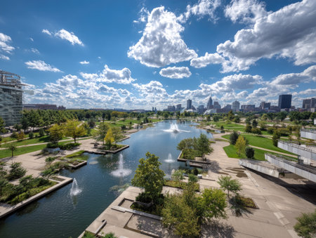 A park scene features a lake with fountains surrounded by trees and walking paths. The composition is expansive, captured in daylight with abundant sunlight. In the background, a city skyline is visible under a sky filled with clouds. Suitable for a variety of commercial and editorial purposes.の素材