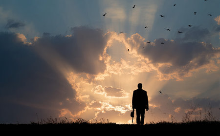 A silhouette of a person stands against a dramatic sunset, with birds flying above. The image uses warm and cool tones creating a high-contrast composition. The scene suggests an outdoor environment, possibly evoking feelings of solitude or reflection. Suitable for various commercial and editorial applications.の素材