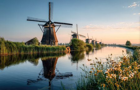 A tranquil landscape showcases several windmills positioned along a serene body of water. The scene is bathed in the soft hues of dawn. The composition offers reflections and contrasts in color, with opportunities for usage in editorial, advertising, and design projects. The photograph conveys peace.の素材