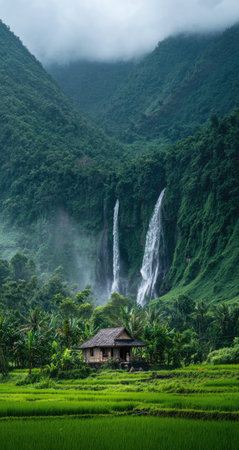 A landscape photograph depicts a cascading waterfall flowing down a mountain. A small wooden house sits at the bottom, surrounded by dense, vibrant green foliage. The scene features a natural setting, possibly a tropical environment. This image could be suitable for various commercial or editorial applications.の素材