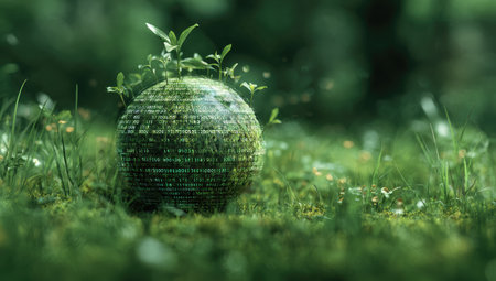 A sphere covered in green moss with intricate digital code is the central focus. A small plant sprouts from the top, suggesting growth and integration. The composition is set in a green, natural environment. This image is suitable for various commercial uses, including illustrations and conceptual design.の素材