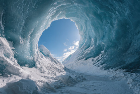 An interior shot reveals a remarkable ice cave, with sculpted icy walls that frame an opening to the sky. The image showcases shades of blue and white, offering a stunning texture. The composition evokes a sense of wonder, making it suitable for various creative or editorial projects.の素材