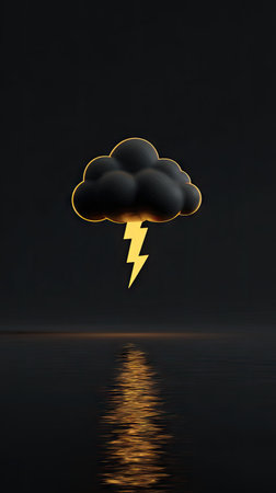 A 3D rendered illustration presents a dark cloud emitting a golden lightning bolt, reflecting on a water surface. The composition employs a dark color palette with a focus on gold accents. The stylized design could be utilized in various visual projects, including digital art, advertising, and editorial content, conveying themes of weather and energy.の素材