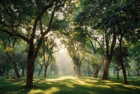 This image depicts a lush forest with tall trees and vibrant green foliage. Sunlight streams through the canopy, illuminating the scene. The natural composition suggests a serene outdoor environment, perfect for editorial or commercial applications. The detailed textures and colors create a visual appeal.の素材