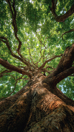 An upward perspective captures a large tree with thick, textured bark. The branches spread outwards, supporting a canopy of vibrant green leaves. Warm sunlight highlights the trunk and branches. This image is suitable for environmental themes and can be used in various commercial applications.の素材