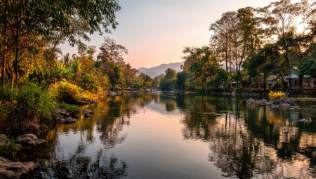 A scenic view captures a lake with calm water reflecting the surrounding trees and sky. The image features a natural environment with vibrant colors, likely taken during sunset or sunrise. This type of imagery can be useful for various applications including editorial, advertising, and website design.の素材