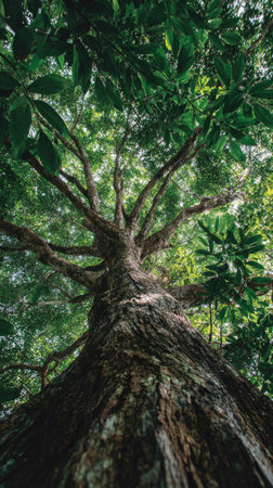 A tall tree is shown from a low angle, its trunk rising towards the sky. The image emphasizes the tree's height and the dense canopy of green leaves. The texture of the bark contrasts with the soft blur of the foliage. This image could be useful for environmental, natural or travel related content.の素材