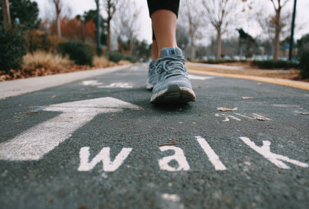 A person walks on a paved path with painted 'walk' signage. The image displays a close-up of the feet and lower legs, showing sneakers and the path's text. The composition focuses on forward direction, with an out-of-focus background hinting at an outdoor setting. This image may be suitable for illustrating concepts of activity, exercise, or lifestyle.の素材