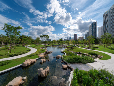 A park scene features a winding waterway with stepping stones, surrounded by lush green lawns and trees. Overhead, a bright blue sky dotted with puffy white clouds creates a scenic backdrop. The composition suggests a public space, suitable for environmental or recreational imagery.の素材