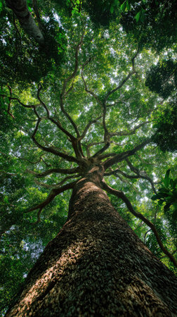 An upward perspective captures a large tree with dense, green leaves reaching towards the sky. The image showcases a textured tree trunk and branches that fill the frame. This natural composition, with overhead lighting, provides a visually appealing look suitable for various commercial or editorial applications.の素材