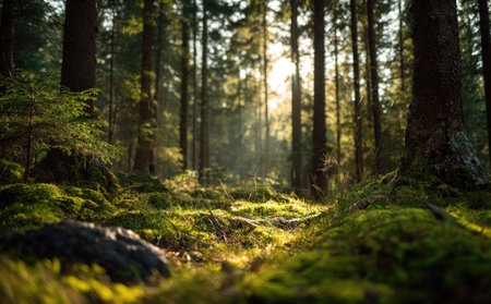 An inviting view shows a forest interior with tall trees and dappled sunlight. The image features a vibrant green color palette and a soft focus style. This composition suggests a natural setting, possibly suitable for nature-themed projects or editorial content. The warm lighting adds a sense of depth to the scene.の素材