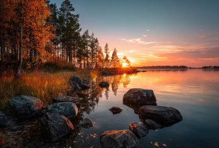 A stunning sunset scene showcases a serene lake reflecting the warm hues of the setting sun. The composition includes dark rocks in the foreground, lush trees, and a calm water surface. The image exudes a peaceful ambiance, with potential applications for travel, nature, or environmental themes.の素材