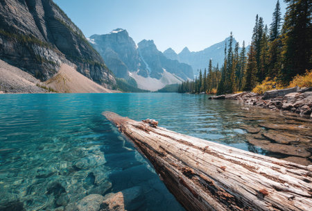 A scenic view captures a mountain lake with clear blue water and a weathered log in the foreground. Towering mountains and evergreen forests form the background, illuminated by sunlight. This image evokes serenity and could be suitable for various commercial or editorial applications.の素材
