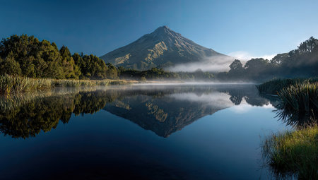 A majestic mountain stands tall, mirrored in the still waters of a lake. Lush greenery and trees frame the scene. The composition is enhanced by soft lighting and a reflective surface. Suitable for environmental themes and landscapes in commercial applications.の素材