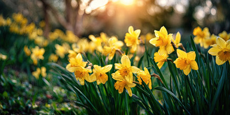 A field of bright yellow daffodils in full bloom is illuminated by warm sunlight. The image showcases the flowers' intricate details and textures against a blurred green background. This natural scene evokes a sense of freshness and new beginnings, suitable for various editorial and commercial applications.の素材