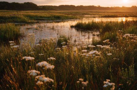 This image presents a serene wetlands landscape at sunset. The scene captures the interplay of light and water, with grasses and blooming plants in the foreground. Warm colors dominate the composition, creating a sense of peace. Suitable for diverse applications, including editorial and commercial projects.の素材
