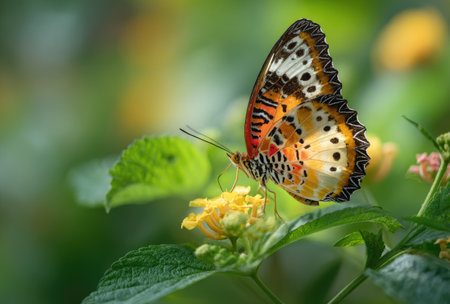 A colorful butterfly rests on a small yellow flower, captured with a shallow depth of field. Its wings display intricate patterns with orange, black, and white hues. The scene is illuminated by soft sunlight and set against a backdrop of green foliage, suggesting a natural outdoor environment. Suitable for various design and editorial projects.の素材