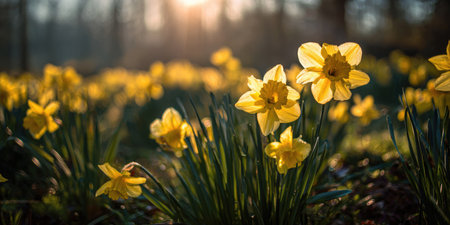 The image features an abundance of yellow daffodils in full bloom. The flowers are lit by warm sunlight creating a soft, glowing effect. The composition is a close-up, highlighting the texture and detail of the petals. This image could be used for various commercial projects related to nature or spring.の素材