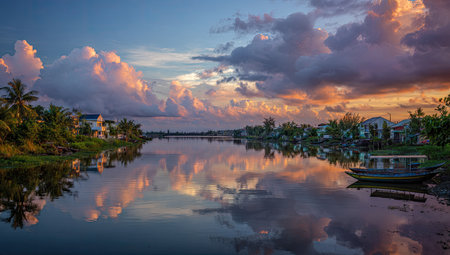 A calm river reflects the vibrant colors of a sunset sky. Palm trees and the suggestion of buildings line the banks. The composition and lighting create a peaceful atmosphere. Ideal for commercial applications related to travel, nature, or environmental themes, or editorial content.の素材