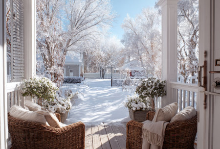 An inviting winter scene captures a view from a porch, overlooking a snow-covered landscape. The image showcases white snow, creating a serene ambiance. Decorative elements and cozy seating add to the inviting atmosphere. This scene is suitable for various commercial uses, including seasonal promotions or editorial content about winter.の素材