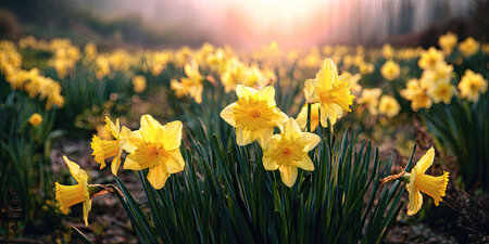 A field of vibrant yellow daffodils stands out against a soft, blurred background. The close-up view highlights the flowers' textured petals and green leaves. The overall composition suggests a bright outdoor setting bathed in natural sunlight. Suitable for editorial and commercial use.の素材