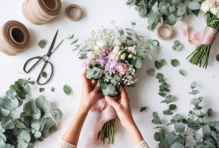 A person arranges a floral bouquet with scissors on a white surface, surrounded by greenery and spools of twine. The composition features overhead lighting, a clean, modern aesthetic, and a variety of colors and textures. This image is suitable for various commercial uses, including editorial and promotional materials.の素材