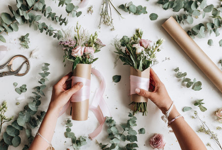 A person is arranging small floral bouquets, showcasing fresh flowers and greenery. The composition features a variety of colors, textures, and natural elements. This image could be suitable for use in articles, websites, or promotional materials related to floral design or crafts.の素材