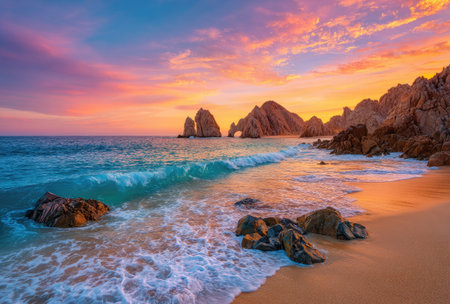 A coastal landscape features a stunning sunset over the ocean. The image captures the dynamic interaction of water and land under a vivid sky. It would be suitable for use in travel articles, environmental campaigns, or as decorative artwork. The composition highlights the natural beauty with a focus on color and texture.の素材