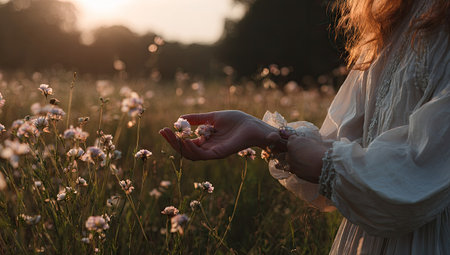 A woman holds delicate flowers in her outstretched hand within a field. The image is bathed in warm sunlight, creating a soft, diffused glow and a blurred background. This scene evokes a sense of tranquility. Ideal for illustrating themes of nature and beauty, the photograph is suitable for various commercial purposes.の素材
