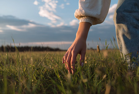 A woman's hand gently brushes through tall green grass in a sun-drenched field under a partly cloudy sky. The close-up perspective emphasizes the texture of the grass and the soft lighting. Ideal for illustrating themes of nature, serenity, or natural beauty. Suitable for diverse commercial and editorial applications.の素材