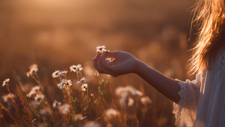 A person's hand delicately touches small white wildflowers in a field, bathed in warm, golden sunlight. The soft focus emphasizes the natural textures and colors, creating a serene ambiance. This image could be used for various commercial or editorial purposes, promoting themes of nature or lifestyle.の素材