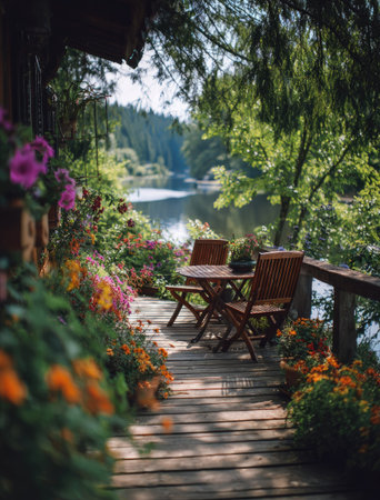 An inviting outdoor scene features a wooden deck with a table and chairs, set against a backdrop of a calm river and vibrant foliage. The image displays a natural aesthetic, with warm sunlight illuminating the wooden textures and colorful flowers. Ideal for illustrating leisure, relaxation, and serene environments for various commercial purposes.の素材