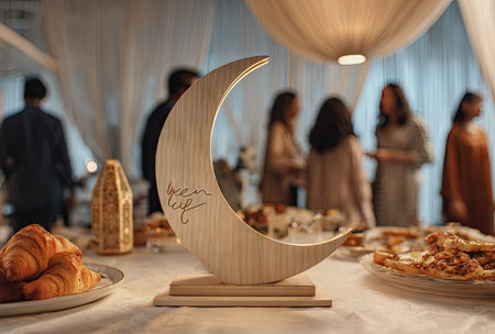 A wooden crescent moon decoration stands on a table laden with food, possibly for a gathering or event. The scene features soft lighting and a blurred background of people, suggesting an indoor setting. The composition is well-lit, providing visual appeal suitable for various commercial or editorial uses.の素材