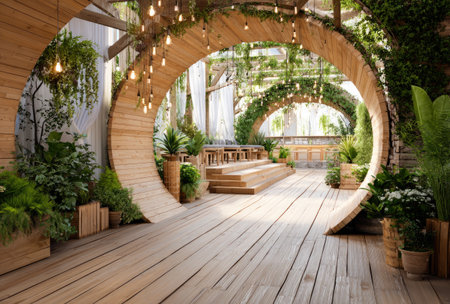 An inviting indoor scene showcases wooden archways adorned with climbing plants and string lights. The composition highlights a wooden stage and floor, surrounded by potted greenery. The natural lighting and earthy tones create a serene atmosphere suitable for event staging or decorative applications. The image could be used for lifestyle, event planning, or interior design projects.の素材