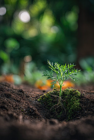 A close-up captures a small plant emerging from dark soil, displaying delicate green leaves and visible roots. The composition highlights the plant's details against a soft, blurred background of green foliage. This image could be used for illustrating concepts related to growth, environment, or sustainability in various commercial contexts.の素材