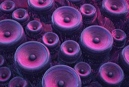 An artistic rendering showcases numerous audio speakers against a textured surface. The composition features speakers in various sizes with a predominantly purple and pink color palette. Suitable for a range of uses, this image could be employed in design projects or editorial content.の素材