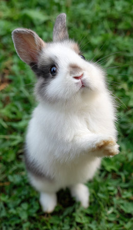 A small rabbit stands on its hind legs against a vibrant green backdrop. The creature displays a mix of white and gray fur, creating a soft texture. The image uses natural lighting to highlight the animal, suitable for various editorial and commercial applications. The composition emphasizes the rabbit's posture.の素材