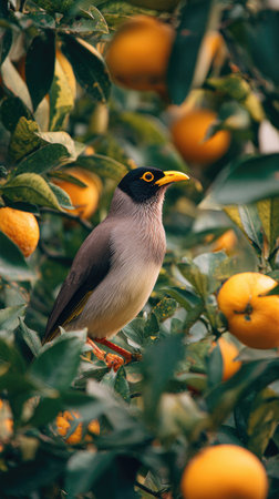 A close-up photograph captures a myna bird nestled among lush green foliage and ripe oranges. The bird features a black head, yellow beak, and a light-colored body. The composition is balanced with soft lighting, creating a natural feel. This image could be suitable for various commercial uses, including advertising and editorial content.の素材