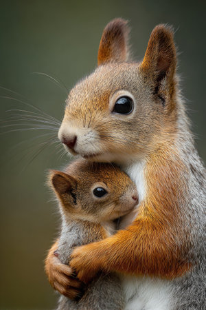 Two squirrels are captured in a tender embrace, showcasing soft fur in hues of brown and gray. The image emphasizes texture and detail, with a shallow depth of field. This heartwarming moment could be suited for a variety of uses, including editorial and commercial purposes.の素材