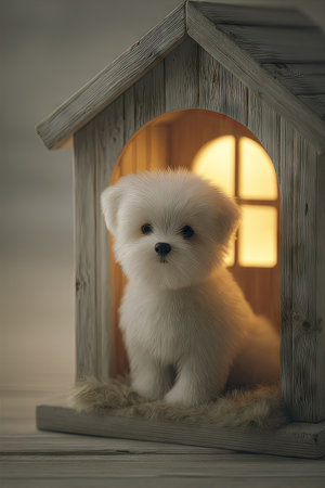 A fluffy white puppy sits inside a small wooden house, illuminated by soft, warm light from a back window. The image features a shallow depth of field, with focus on the puppy's face, showcasing its gentle expression. The overall aesthetic is cozy and inviting, suggesting themes of comfort and companionship suitable for various editorial and commercial applications.の素材