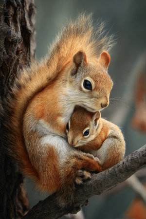 A mother squirrel tenderly embraces its young offspring on a tree branch, creating a heartwarming scene. The image showcases soft fur textures with shades of brown and orange, enhanced by natural lighting. This composition could be used for various commercial projects and editorial content related to nature.の素材